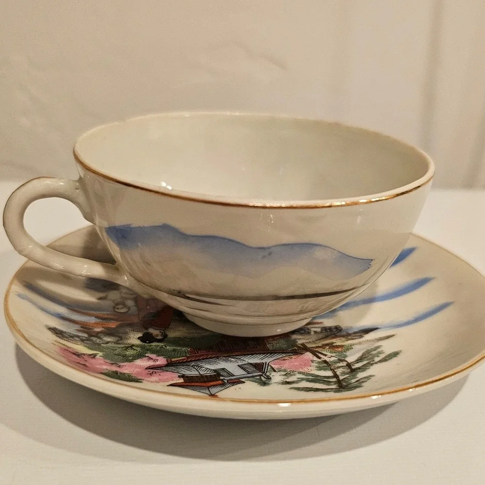 Vintage Japanese Lithophane Porcelain Tea Cup Saucer Set 4 Geisha Pagoda Gold